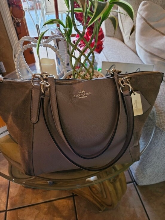 Coach Handbags - Coach Beige Taupe Genuine Leather & Suede Tote Bag with Gold Hangtag